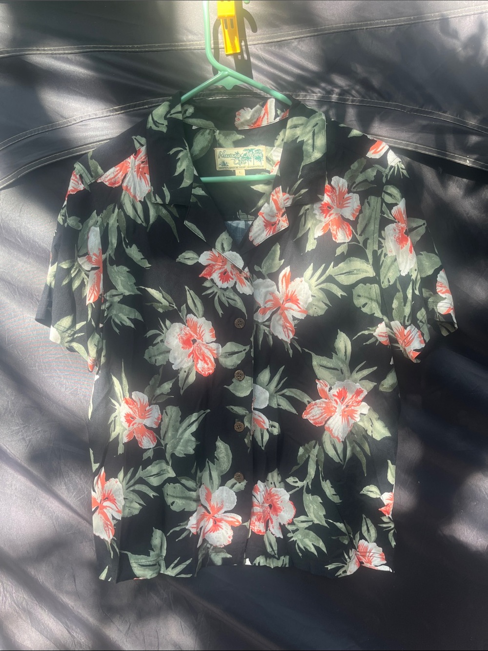 Black Floral Short-Sleeve Button-Down Shirt with Coral Blooms
